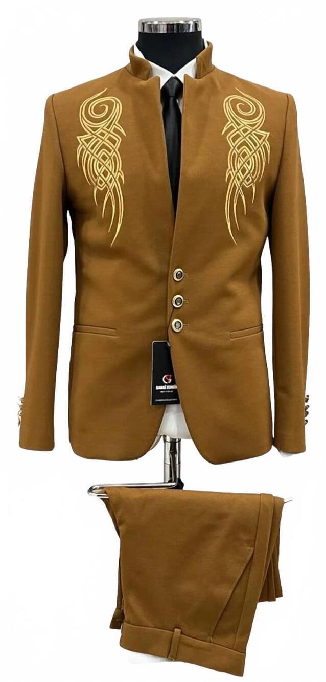 NEW UNITED GARMENTS men’s textured slim fit short blazer jacket in camel